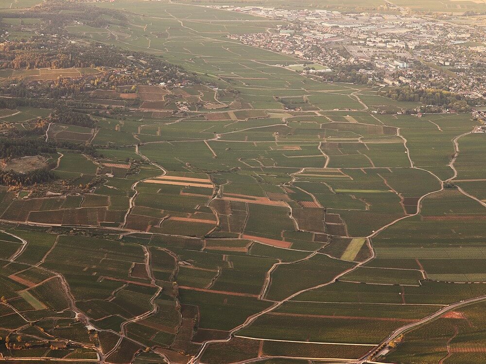 Vue aérienne de la ville de Beaune et de ses vignobles depuis une montgolfière